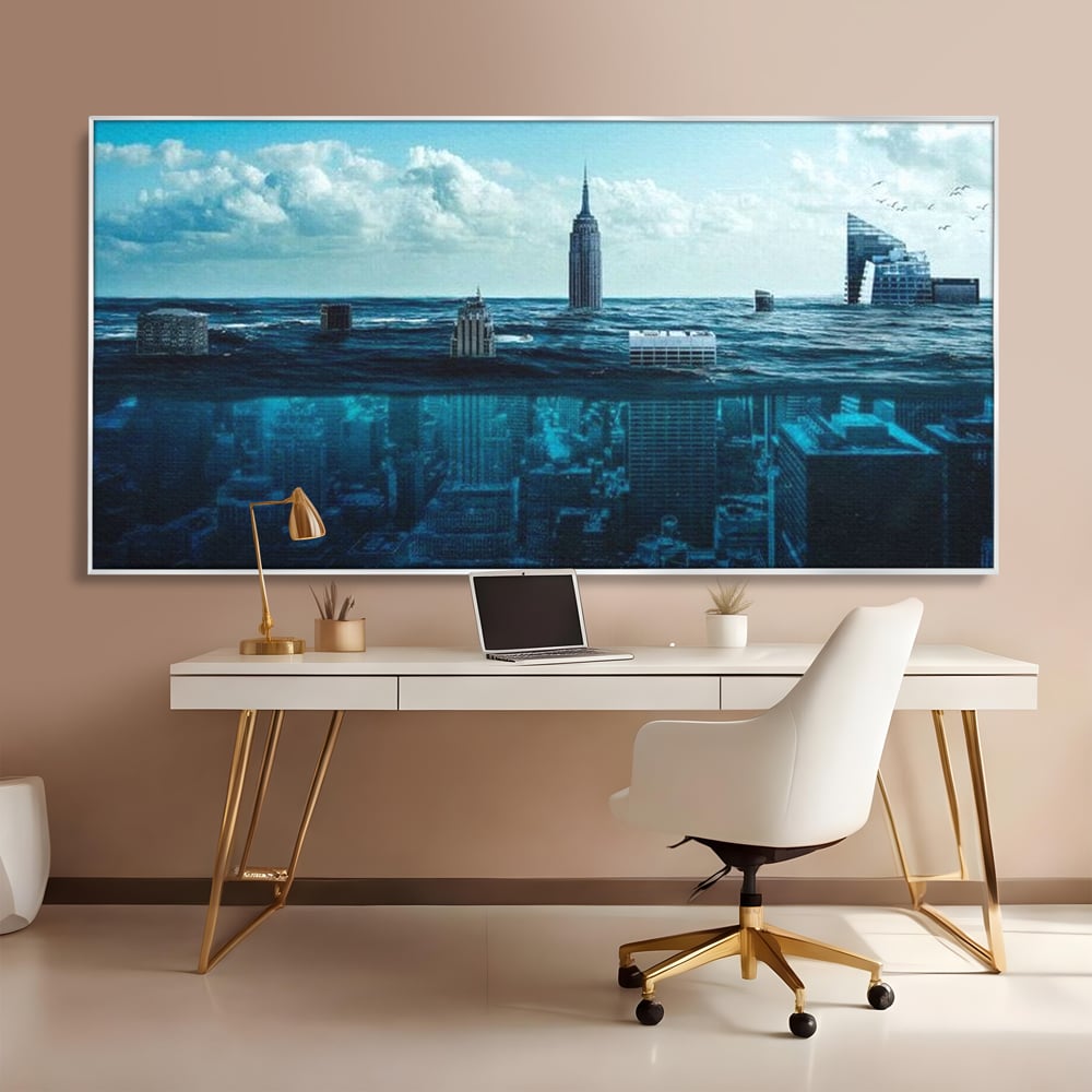 Tablou canvas cu ilustratie digitala cu oras scufundat in ocean, in rama de aluminiu argintiu, pe perete intr-un birou